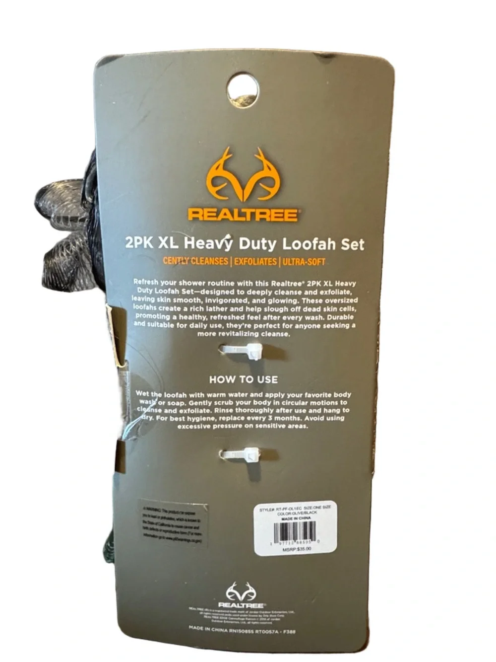 Set of Two Realtree XL Heavy Duty Loofah Set - Gray & Green Poufs Size XL NWT